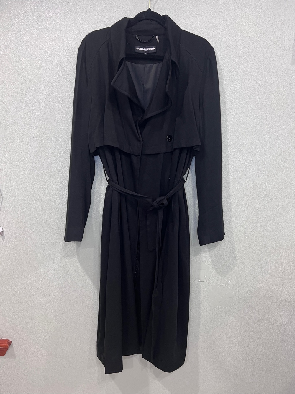 Karl Lagerfeld Paris Women’s L Black Belted Trench Coat Long Draped Duster